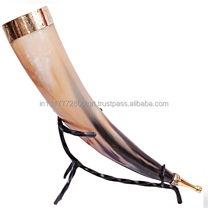 
HOT SALE VIKING DRINKING HORN WITH BRASS MOLDING HORN 16 0Z NATURAL DRINKING HORN 