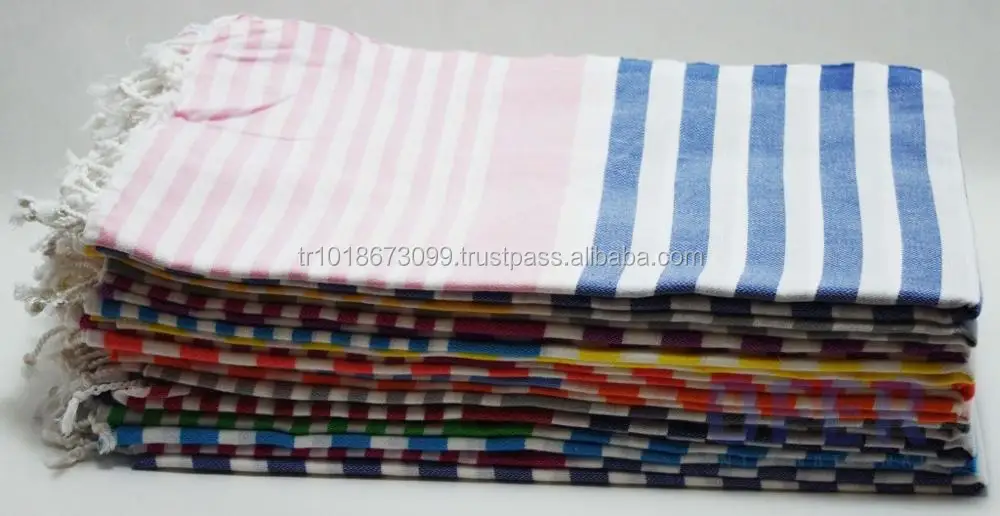 Капри пештемал-турецкие полотенца от производителя синий/светло-розовый сочетание разноцветных полос радужной