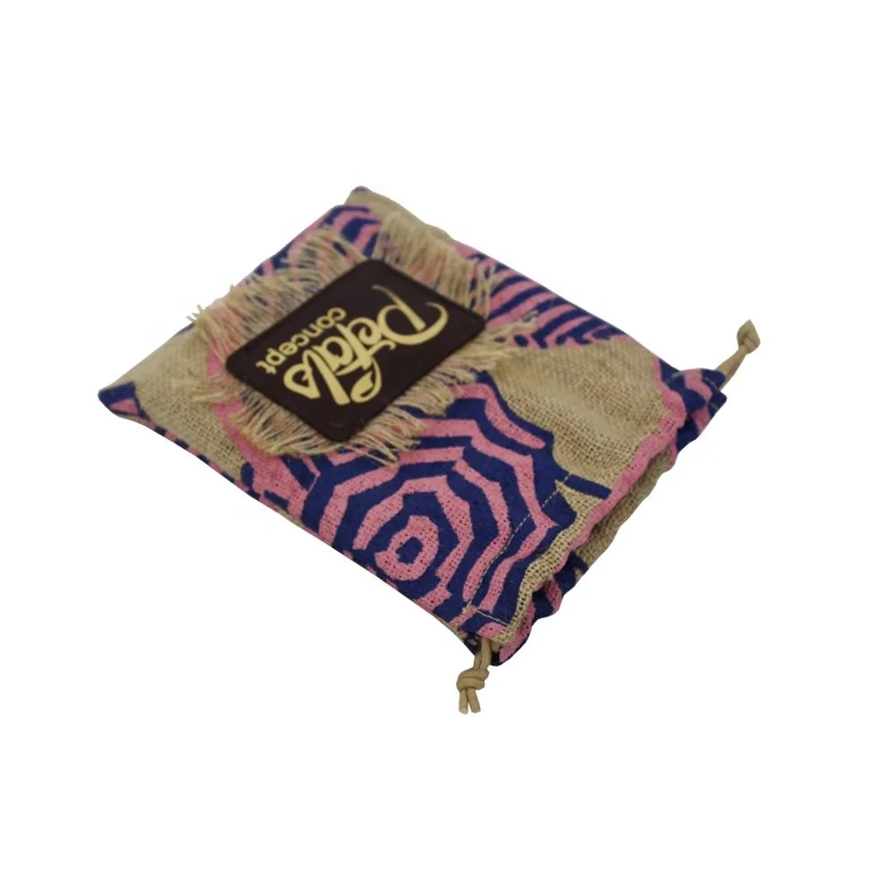 Hessian Fabric Custom Design Genuine Leather Patch Branding Burlap Jute Drawstring Bag for Packaging Wedding Gift Shopping