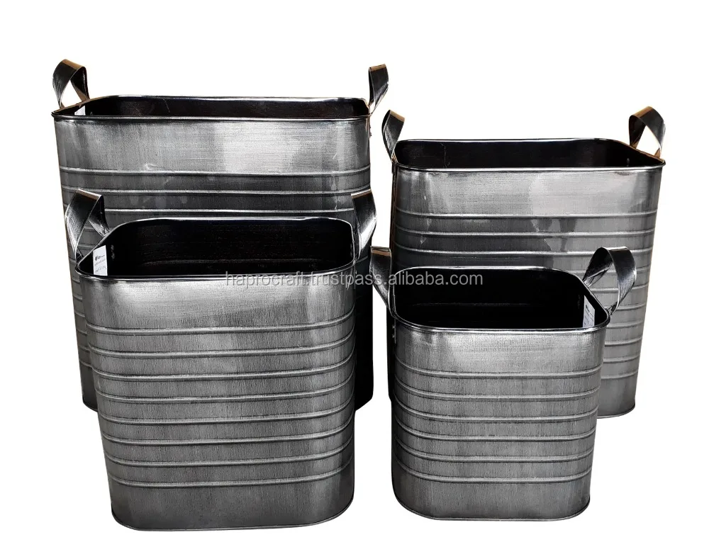 Set of 4 Metal Planter pots, Zinc Flower Pot with handle for Garden supplies made in Vietnam