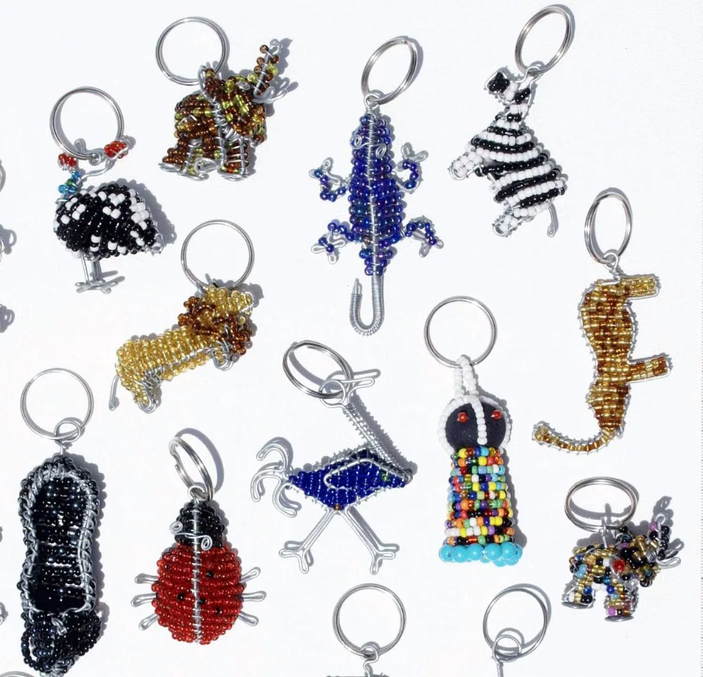 African metal Keychains key rings South Africa Animals Wire Colored Beads