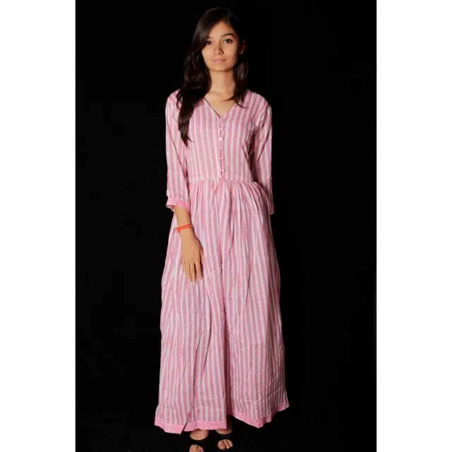 Very Fine Stripe Hand Block Cotton Ethnic Dress Summer Women Clothing Wholesale