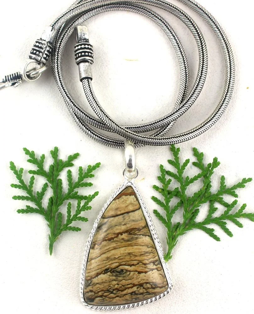 92.5 Sterling Silver Fancy Shape Natural Landscape Jasper Gemstone  Women Jewelry Charm Pendant Wholesale