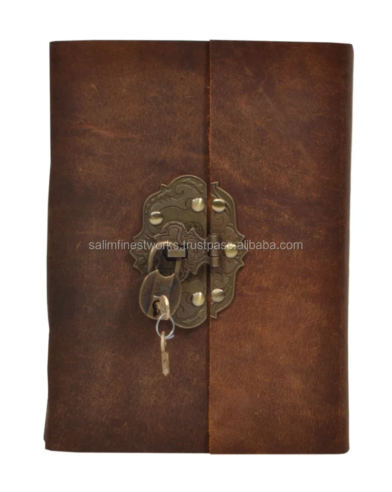 Wholesale Handmade 100% Genuine Leather Journal Blank White Page Vintage Journal Dark Brown Unique Key Lock Notepad Travel Diary