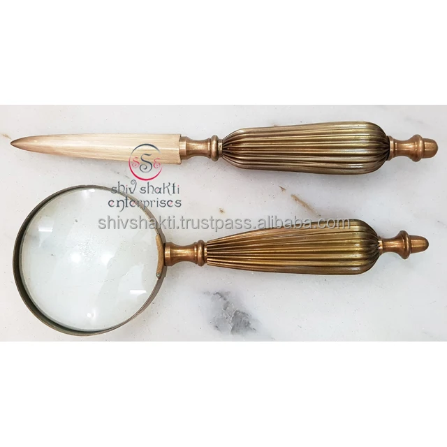 Handmade Brass Magnifying Glass & Letter Opener Desk Set Vintage Home Office Desk Nautical Gift Magnifying Glass