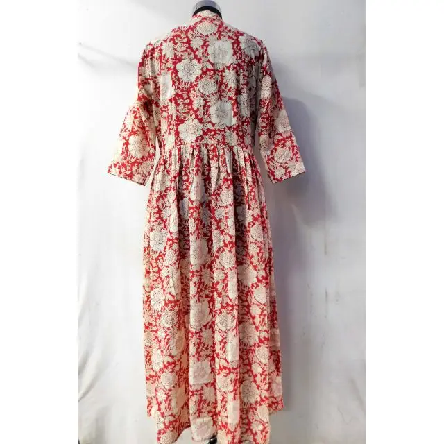 Hand block printed women long dress beach wear party dress up front slit close button 100% cotton handmade sewing summer