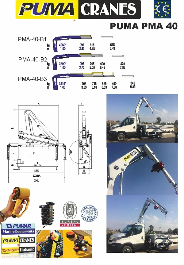 PUMA PMA 40 Truck Mounted Knuckle Boom Crane 3 Ton Rated Load Rated Load PUMA Engine 7 Max Lifting Height