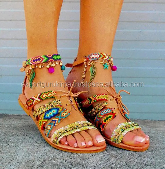 Boho Bohemian Banjara Ladies Pom Pom flat Sandals shoes 2018