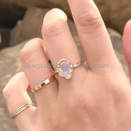 Natural Diamonds Moonstone Ring Solid 14K Yellow Gold Fine Jewelry !! Size 3 to 9