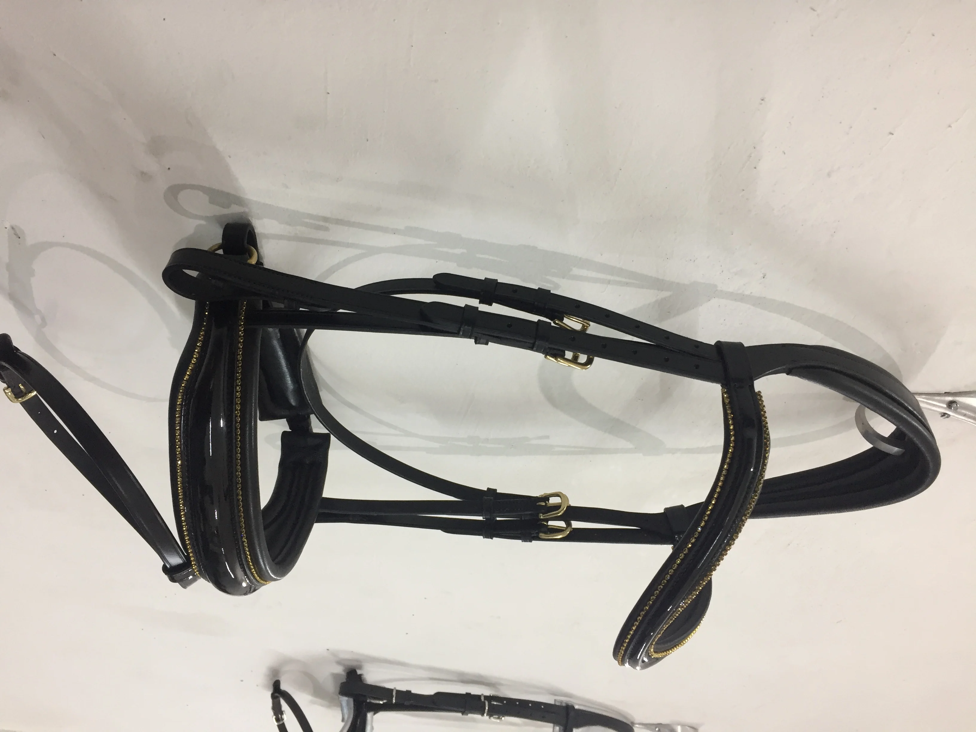 
Superior Quality Leather Dressage Bridle with Golden Crystals on Brow band and Nose band 
