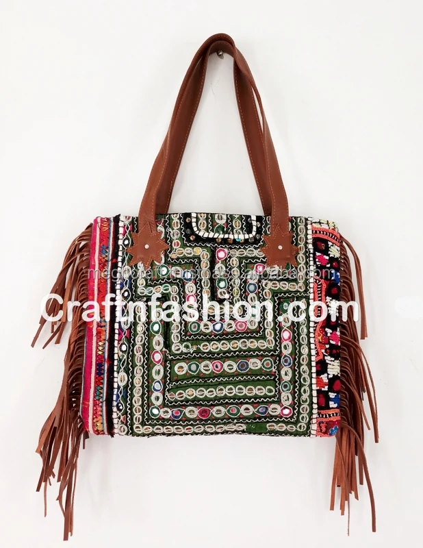 Banjara Shoulder Bag with Fringe- Bohemian Vintage Banjara Leather Tote- Indian Hippie Boho gypsy mirror work bag- Exclusive bag