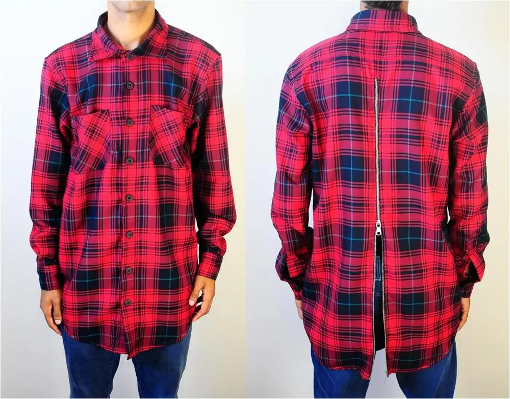 
Rear Back-YKK Zip Slim Fit Long Sleeve Flannel Plaid Check Shirt Button Front Shirt - Red//Blue- 