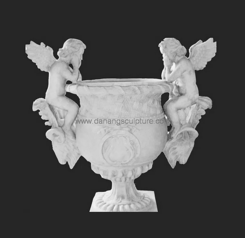 Custom Hand Carved Stone Outdoor Flower Pot Vase With Angels Statues DSF-LH06