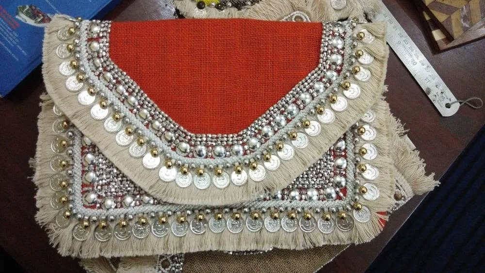 Jute Fabric Coin Bag Tassel Beads Weeding Clutch Bag