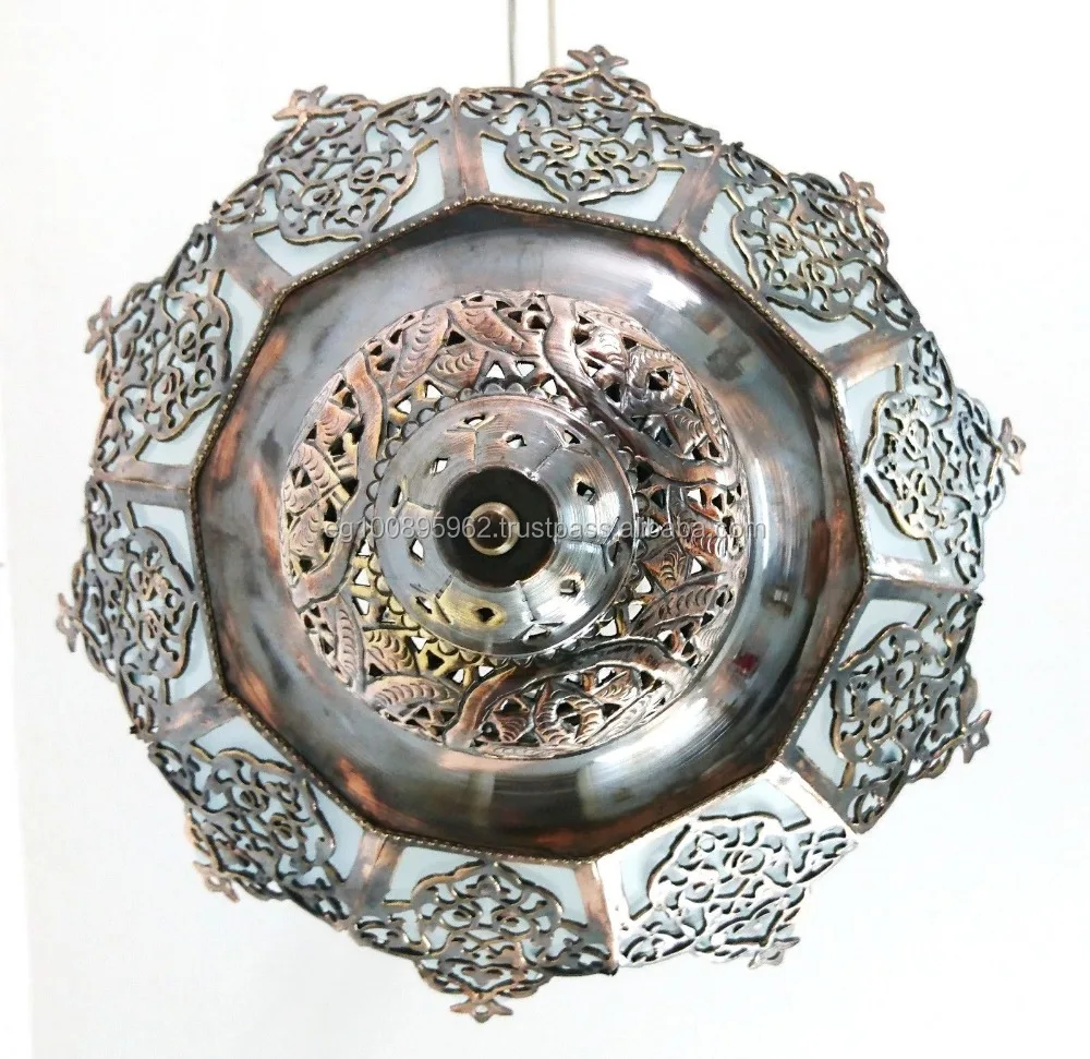 BR217 Moroccan Art Brass Artichoke Chandelier With White Stained Glass