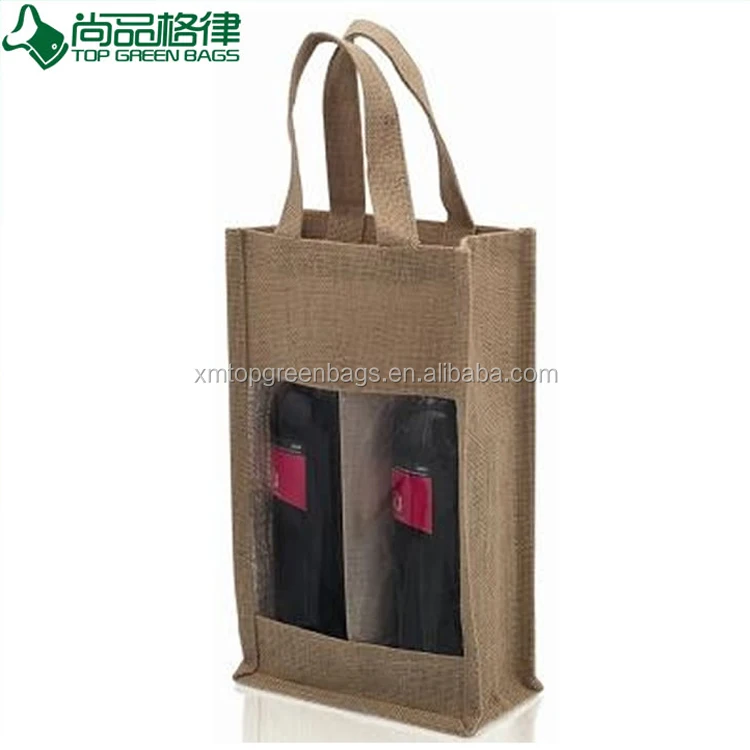 2 bottles Burlap Wine Bags Jute Gift Wine Bag with transparent window
