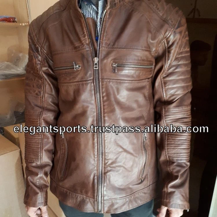 Mens Biker Vintage Motorcycle Distressed Brown Leather Jacket