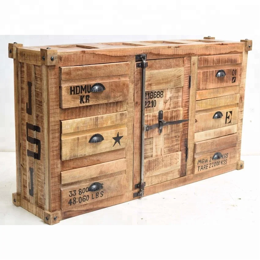 
Industrial & vintage solid mango distressed wood container design 1 door 6 drawer storage Cabinet 