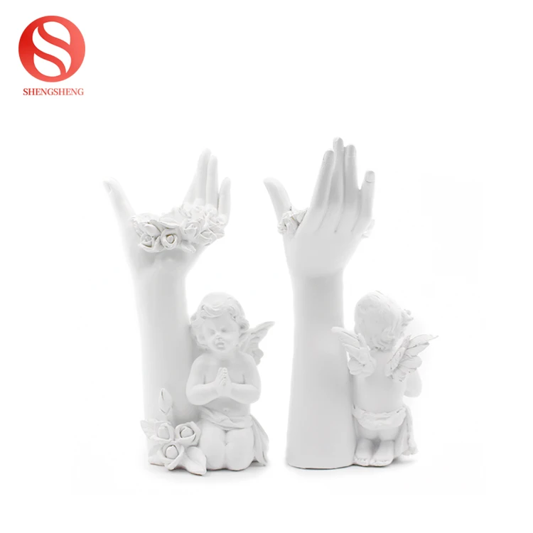 Luxury home office table top decoration cross rose flower hand palm resin cherub for home decor