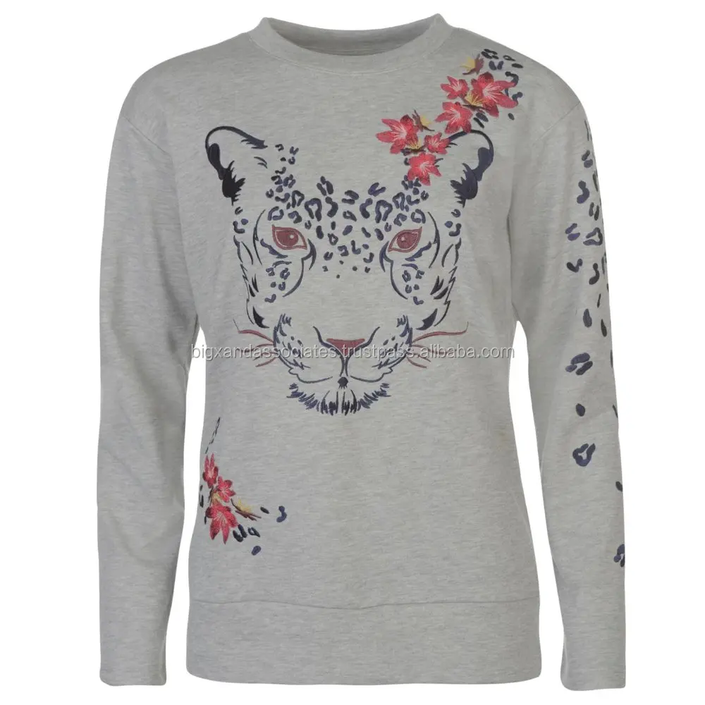 Fashion ladies embroidered Latest Design Long Raglan Sleeves Rib Knit Cuff Crew Neckline Sweatshirt round neck sweatshirt