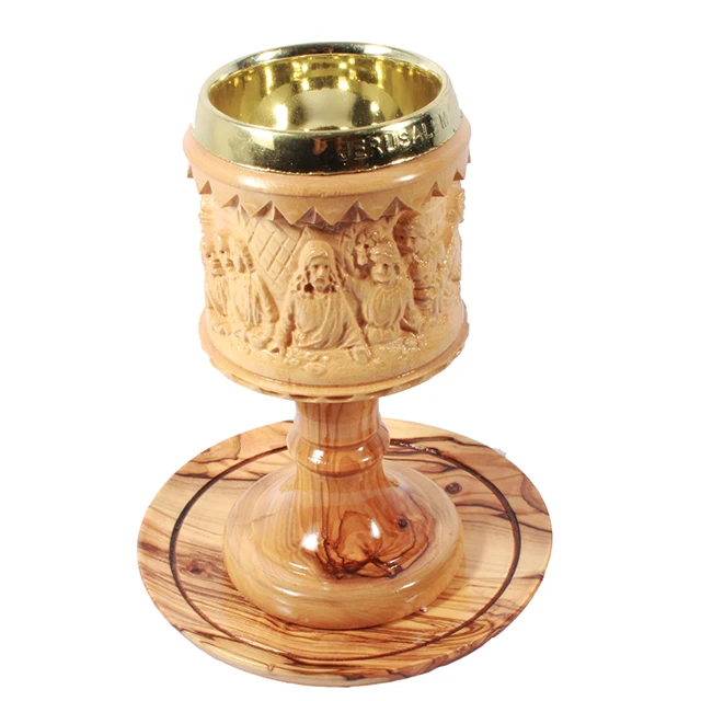 carved last supper in olive wood chalice cup