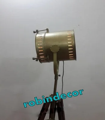 HOLLYWOOD NAUTICAL ANTIQUE BRASS SPOT LIGHT FLOOR LAMP SEARCH LIGHT TRIPOD STAND