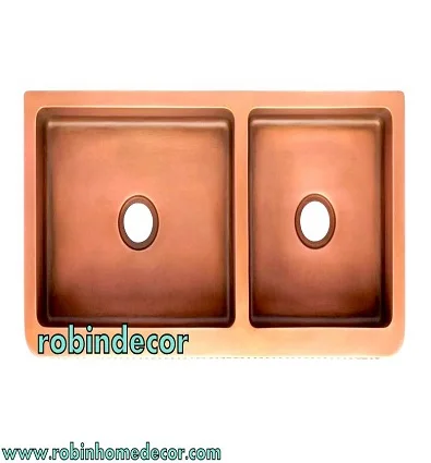 LUXURY HANDICRAFT 16 GAUGE DOUBLE BOWL COPPER KITCHEN SINK FRONT EMBOSS DESIGN