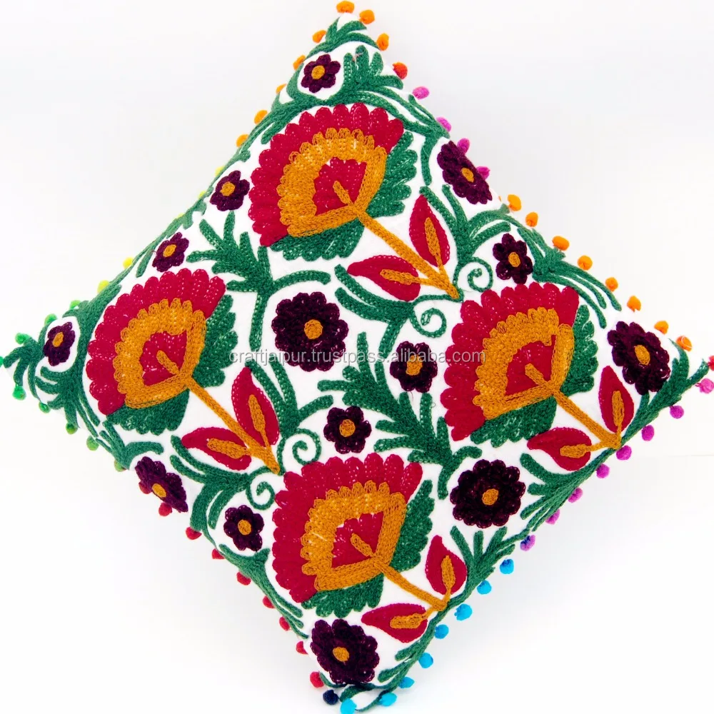 Tropical Suzani Woolen Embroidery Handmade Bedding Square Pillow Cases White Cotton Sofa Decorative Cushion Cover Wholesale