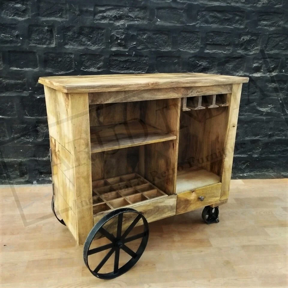 Industrial Mango Wood Bar Serving Trolley , Vintage Bar Drink Cart