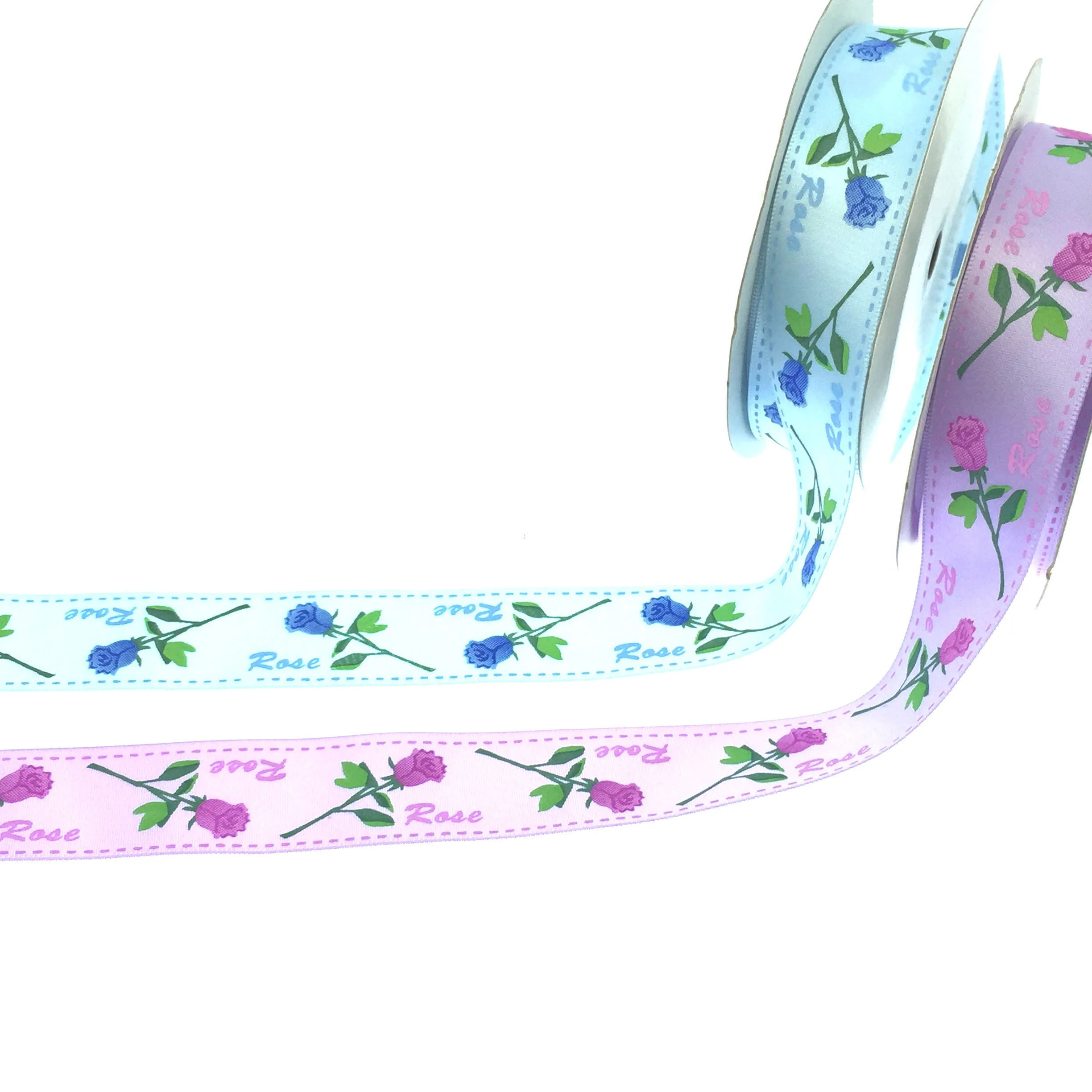 Fancy silk screen rose printing satin woven ribbons