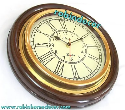 Antique Look Silent Wall Clock, 16 Inch Brass And Wooden