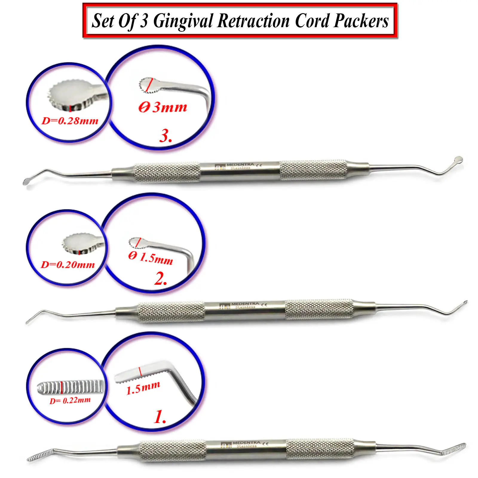 3 Pieces Dental Gingival Cord Packer with Serration Atraumatic Cord Placement Stainless Steel