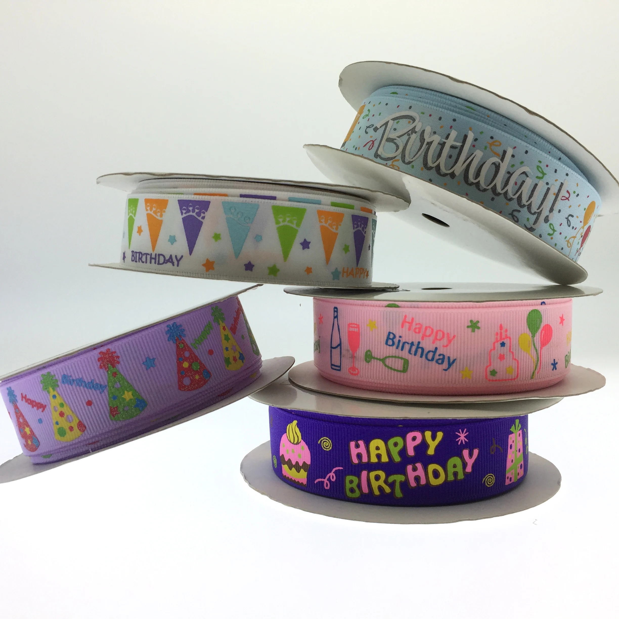 New Design Happy Birthday Printed Ribbons Woven Satin Silk Polyester Grosgrain for Gift Wrapping and Decoration