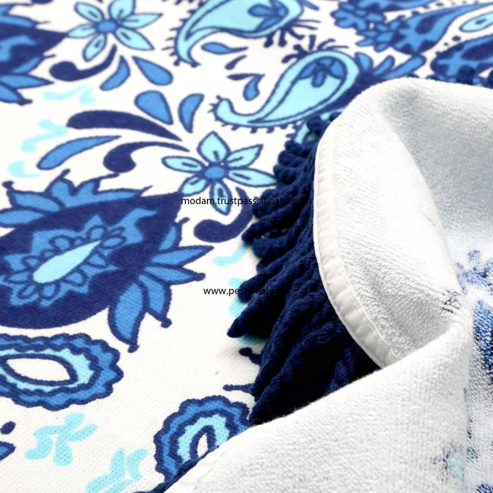 Turkish Blue and White Colored Mandala Pattern Stylish Roundie Beach Towel with Round Shape Tassels Reasonable Price %100 Cotton