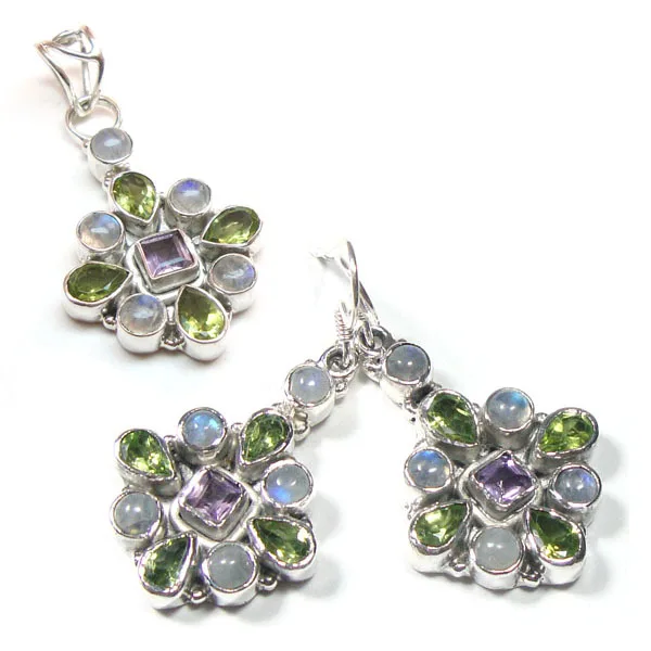 Best selling 925 sterling silver jewelry sets pendant earrings blue topaz rainbow moonstone wholesale Indian Jaipur jewelry