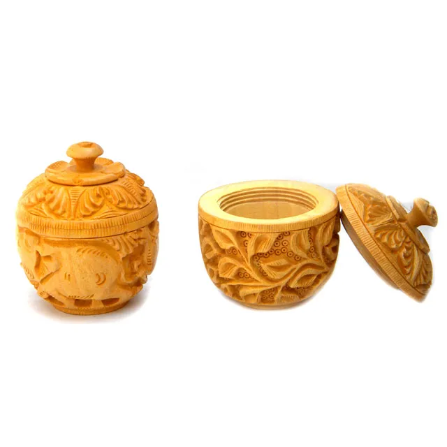 Indian Handcrafted  Carved Jar and Box Storage Material and Container Lion Tree Carving Multipurpose Jar with Lid Elephant tree