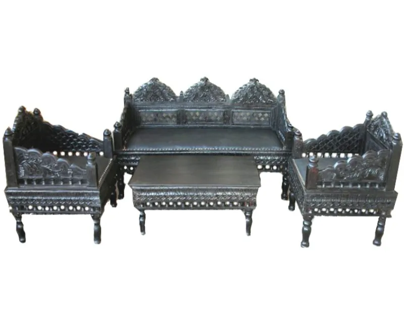 Hand Painted Carved Sofa Set (Set Of 4 Pcs) For Living Room / Hall Best Quality Hand Carved Home Furniture