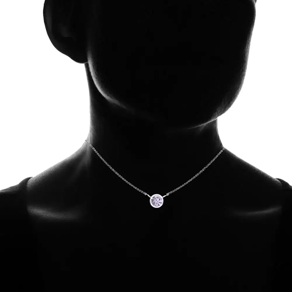 
925 Sterling Silver Amethyst Gemstone 6mm Round Solitaire Bezel-Set Dainty Choker Necklace 