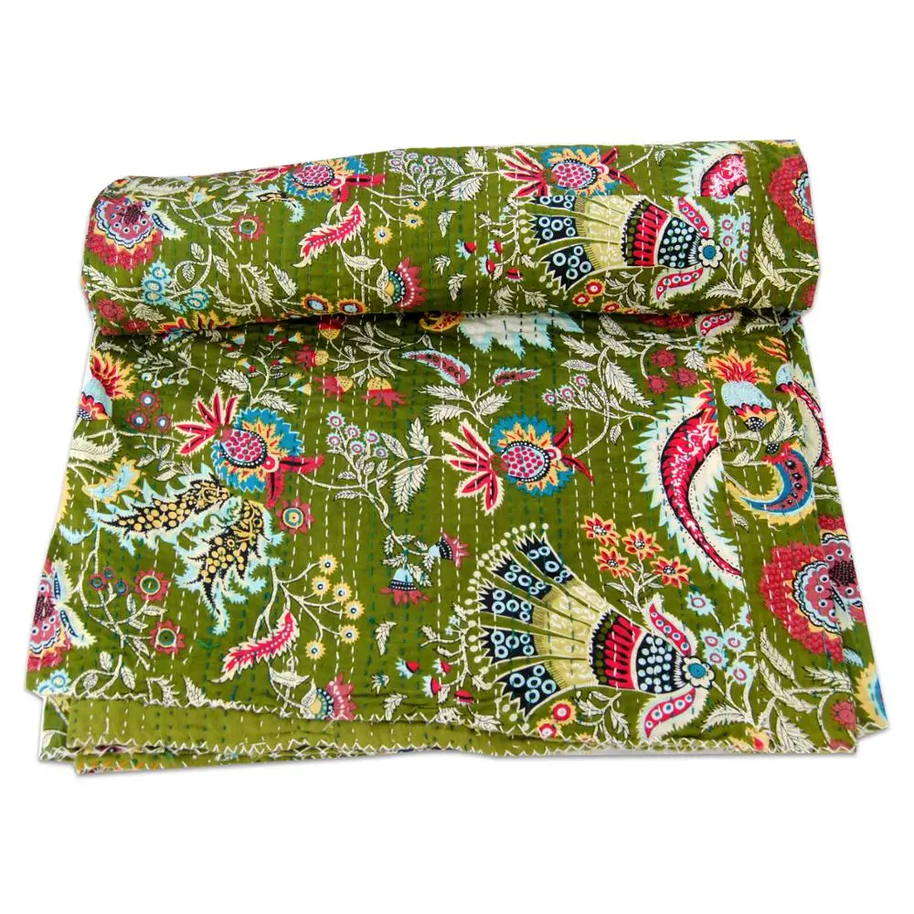 Wholesale Luxury Brand Kantha Quilt Bedspread Indian Handmade Most Comfortable Block Print Queen Size Green Cotton Bedsheet