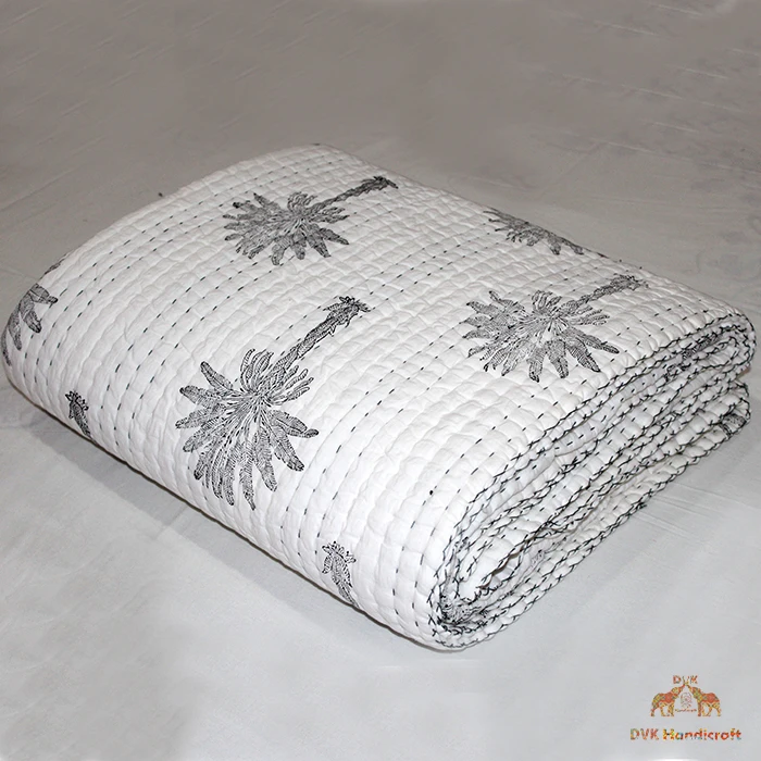 Ручной Блок пальмовое дерево кантха одеяло с принтом 100% Хлопковое ручной работы белое Кантха