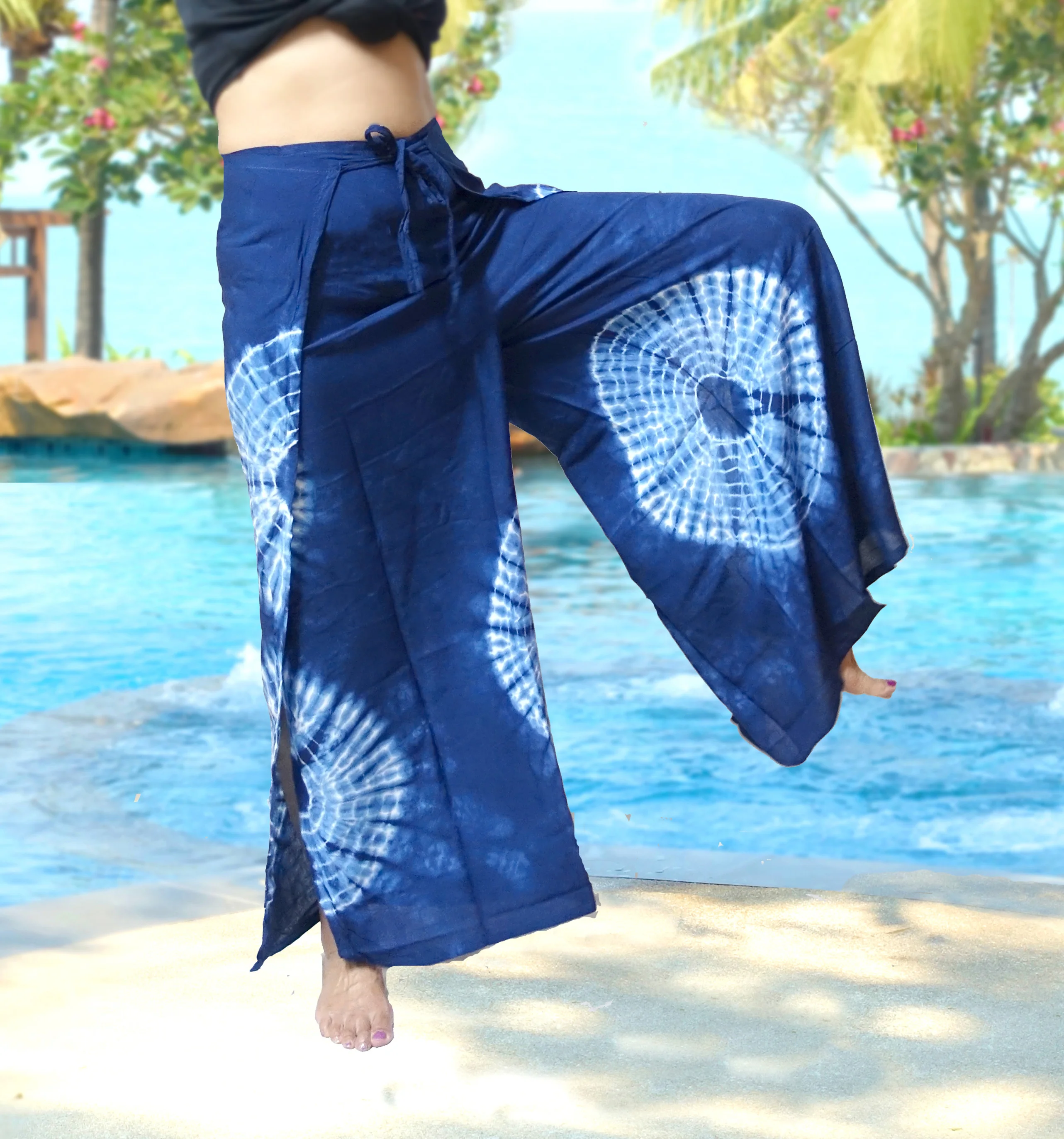 Handmade Blue Indigo BOHO harem wide legs pants gypsy yoga belly dance art pallazo Wrap Sarong strings Tie Pants