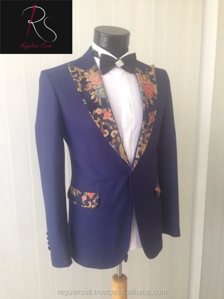 2018 Uniq Patterned Lapel Coat Pant Navy Men Suit