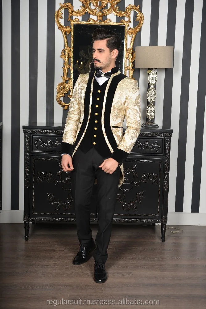 New High Quality Black Gold 3 Piece Men Suit