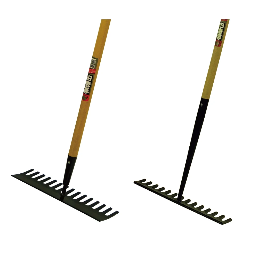 Farm hand tools and their uses for agricultural ground leveling and sweeping up grass