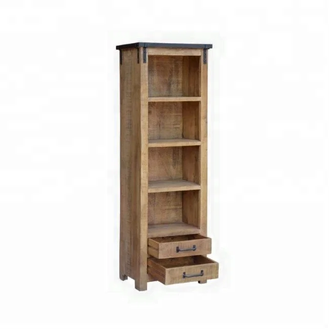 
Industrial & vintage old distressed mango wood 5 shelves 2 drawer book shelf 