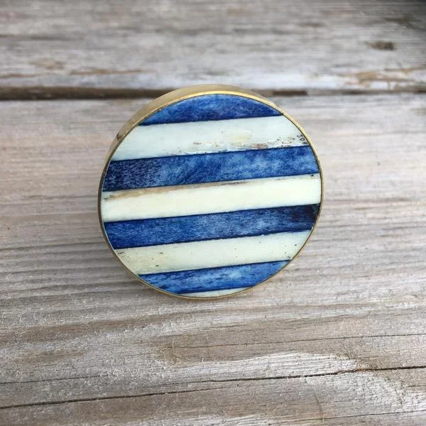 Blue and White Bone Inlay Drawer Knobs - Cabinet Knobs with Stripes