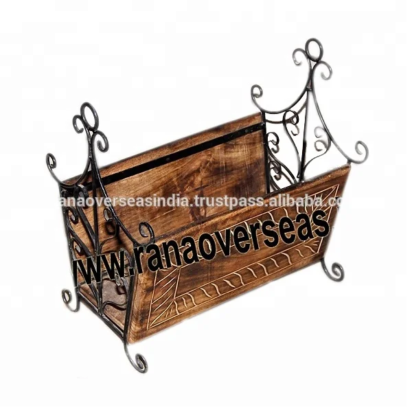 Iron And Wood Material Combination Magazine Newspaper Organizer For Home And Office Table Top