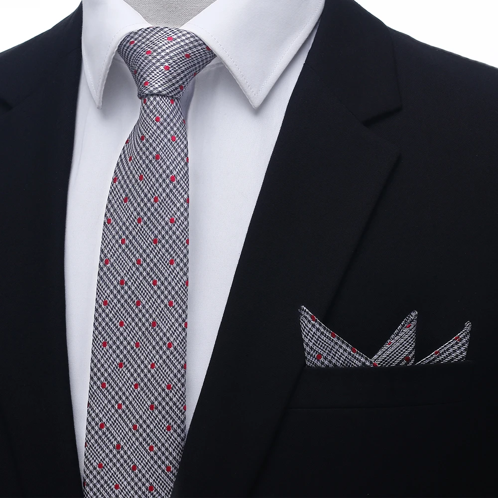 Handsome 100% Silk Plaid Dot Tie Set 6.5CM Gray Pleated Necktie Gravata Pocket Square Tie for Men Party Grrom Wedding