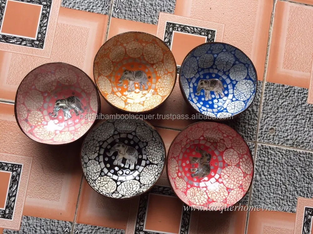 Mosaic Mother of Pearl Lacquer Coconut Bowls from Vietnam