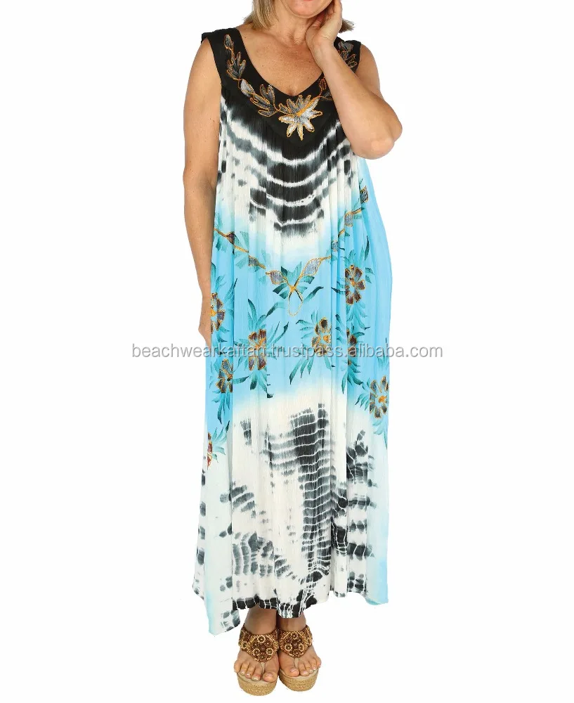 Pool Side Wear Dress For Ladies Tie Dye Brush Painted Long Kaftan Umbrella Dress Beach Cover Up